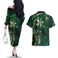 Hawaii Makahiki Season Couples Matching Off The Shoulder Long Sleeve Dress and Hawaiian Shirt Floral Tribal Tattoo Green Galaxy