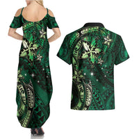 Hawaii Makahiki Season Couples Matching Summer Maxi Dress and Hawaiian Shirt Floral Tribal Tattoo Green Galaxy