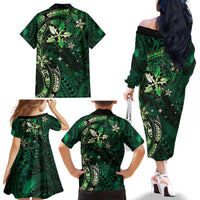 Hawaii Makahiki Season Family Matching Off The Shoulder Long Sleeve Dress and Hawaiian Shirt Floral Tribal Tattoo Green Galaxy