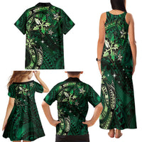 Hawaii Makahiki Season Family Matching Tank Maxi Dress and Hawaiian Shirt Floral Tribal Tattoo Green Galaxy