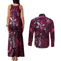 Hawaii Makahiki Season Couples Matching Tank Maxi Dress and Long Sleeve Button Shirt Floral Tribal Tattoo Pink Galaxy