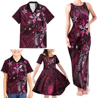 Hawaii Makahiki Season Family Matching Tank Maxi Dress and Hawaiian Shirt Floral Tribal Tattoo Pink Galaxy