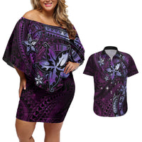 Hawaii Makahiki Season Couples Matching Off Shoulder Short Dress and Hawaiian Shirt Floral Tribal Tattoo Purple Galaxy