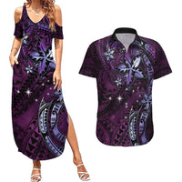 Hawaii Makahiki Season Couples Matching Summer Maxi Dress and Hawaiian Shirt Floral Tribal Tattoo Purple Galaxy
