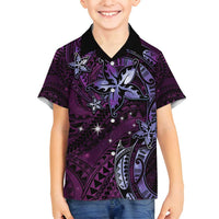Hawaii Makahiki Season Family Matching Summer Maxi Dress and Hawaiian Shirt Floral Tribal Tattoo Purple Galaxy