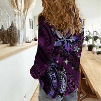 Hawaii Makahiki Season Women Casual Shirt Floral Tribal Tattoo Purple Galaxy