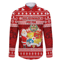 Personalized Tonga Christmas Family Matching Off Shoulder Maxi Dress and Hawaiian Shirt Kilisimasi Fiefia Santas Coat Of Arms LT05 Dad's Shirt - Long Sleeve Red - Polynesian Pride