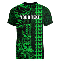 Personalized Hawaii Hauoli Makahiki Hou Women V Neck T Shirt Lono Hawaiian God Kakau Polynesian Tribal Green LT05 - Polynesian Pride