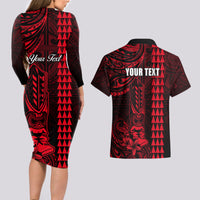 Personalized Hawaii Hauoli Makahiki Hou Couples Matching Long Sleeve Bodycon Dress and Hawaiian Shirt Lono Hawaiian God Kakau Polynesian Tribal Red LT05 - Polynesian Pride