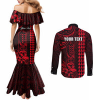 Personalized Hawaii Hauoli Makahiki Hou Couples Matching Mermaid Dress and Long Sleeve Button Shirts Lono Hawaiian God Kakau Polynesian Tribal Red LT05 - Polynesian Pride