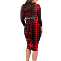 Personalized Hawaii Hauoli Makahiki Hou Long Sleeve Bodycon Dress Lono Hawaiian God Kakau Polynesian Tribal Red LT05 - Polynesian Pride