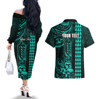 Personalized Hawaii Hauoli Makahiki Hou Couples Matching Off The Shoulder Long Sleeve Dress and Hawaiian Shirt Lono Hawaiian God Kakau Polynesian Tribal Turquoise LT05 - Polynesian Pride