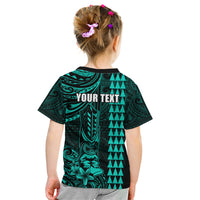 Personalized Hawaii Hauoli Makahiki Hou Kid T Shirt Lono Hawaiian God Kakau Polynesian Tribal Turquoise LT05 - Polynesian Pride