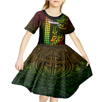 Personalized Hawaii Hauoli Makahiki Hou Kid Short Sleeve Dress Lono Hawaiian God Kakau Polynesian Tribal Reggae LT05 - Polynesian Pride