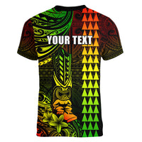 Personalized Hawaii Hauoli Makahiki Hou Women V Neck T Shirt Lono Hawaiian God Kakau Polynesian Tribal Reggae LT05 - Polynesian Pride