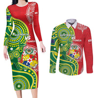 Custom Tonga Australia Rugby Couples Matching Long Sleeve Bodycon Dress and Long Sleeve Button Shirt Kangaroos And Tonga Mate Maa Together