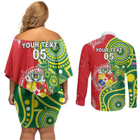 Custom Tonga Australia Rugby Couples Matching Off Shoulder Short Dress and Long Sleeve Button Shirt Kangaroos And Tonga Mate Maa Together