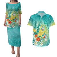 Hawaii Honu Couples Matching Puletasi and Hawaiian Shirt Tropical Flowers Turquoise Gradient