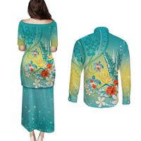 Hawaii Honu Couples Matching Puletasi and Long Sleeve Button Shirt Tropical Flowers Turquoise Gradient LT05 - Polynesian Pride