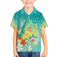 Hawaii Honu Family Matching Summer Maxi Dress and Hawaiian Shirt Tropical Flowers Turquoise Gradient