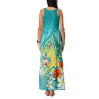 Hawaii Honu Family Matching Tank Maxi Dress and Hawaiian Shirt Tropical Flowers Turquoise Gradient