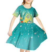 Hawaii Honu Kid Short Sleeve Dress Tropical Flowers Turquoise Gradient