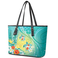 Hawaii Honu Leather Tote Bag Tropical Flowers Turquoise Gradient