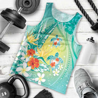 Hawaii Honu Men Tank Top Tropical Flowers Turquoise Gradient