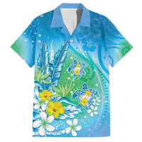 Hawaii Honu Family Matching Off Shoulder Short Dress and Hawaiian Shirt Tropical Flowers Blue Gradient
