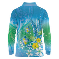 Hawaii Honu Long Sleeve Polo Shirt Tropical Flowers Blue Gradient