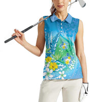Hawaii Honu Women Sleeveless Polo Shirt Tropical Flowers Blue Gradient LT05 - Polynesian Pride