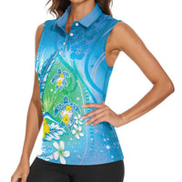 Hawaii Honu Women Sleeveless Polo Shirt Tropical Flowers Blue Gradient LT05 - Polynesian Pride