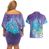 Hawaii Honu Couples Matching Off Shoulder Short Dress and Hawaiian Shirt Tropical Flowers Purple Gradient