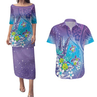Hawaii Honu Couples Matching Puletasi and Hawaiian Shirt Tropical Flowers Purple Gradient