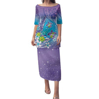 Hawaii Honu Family Matching Puletasi and Hawaiian Shirt Tropical Flowers Purple Gradient
