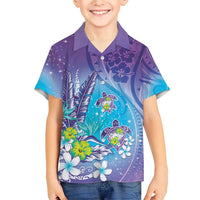 Hawaii Honu Family Matching Short Sleeve Bodycon Dress and Hawaiian Shirt Tropical Flowers Purple Gradient