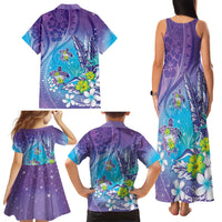 Hawaii Honu Family Matching Tank Maxi Dress and Hawaiian Shirt Tropical Flowers Purple Gradient