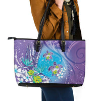 Hawaii Honu Leather Tote Bag Tropical Flowers Purple Gradient