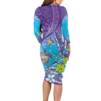 Hawaii Honu Long Sleeve Bodycon Dress Tropical Flowers Purple Gradient