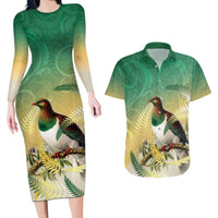 New Zealand Pigeon Kereru Couples Matching Long Sleeve Bodycon Dress and Hawaiian Shirt Maori Fern Art Green Gradient - Polynesian Pride
