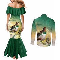 New Zealand Pigeon Kereru Couples Matching Mermaid Dress and Long Sleeve Button Shirt Maori Fern Art Green Gradient - Polynesian Pride