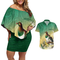 New Zealand Pigeon Kereru Couples Matching Off Shoulder Short Dress and Hawaiian Shirt Maori Fern Art Green Gradient - Polynesian Pride