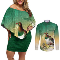 New Zealand Pigeon Kereru Couples Matching Off Shoulder Short Dress and Long Sleeve Button Shirt Maori Fern Art Green Gradient - Polynesian Pride