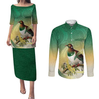 New Zealand Pigeon Kereru Couples Matching Puletasi and Long Sleeve Button Shirt Maori Fern Art Green Gradient - Polynesian Pride