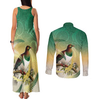 New Zealand Pigeon Kereru Couples Matching Tank Maxi Dress and Long Sleeve Button Shirt Maori Fern Art Green Gradient - Polynesian Pride