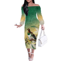 New Zealand Pigeon Kereru Family Matching Off The Shoulder Long Sleeve Dress and Hawaiian Shirt Maori Fern Art Green Gradient LT05 Mom's Dress Green - Polynesian Pride