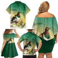 New Zealand Pigeon Kereru Family Matching Off Shoulder Short Dress and Hawaiian Shirt Maori Fern Art Green Gradient - Polynesian Pride