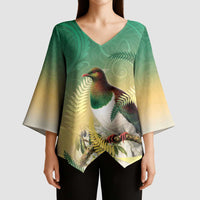 New Zealand Pigeon Kereru Kimono Sleeve Blouse Maori Fern Art Green Gradient - Polynesian Pride