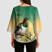 New Zealand Pigeon Kereru Kimono Sleeve Blouse Maori Fern Art Green Gradient - Polynesian Pride
