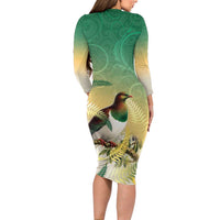 New Zealand Pigeon Kereru Long Sleeve Bodycon Dress Maori Fern Art Green Gradient - Polynesian Pride